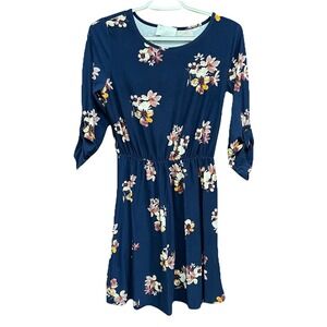 Stitch Fix French Grey Floral Print Dress 3/4‎ Sleeve Casual Navy Blue Dress